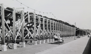 The back of Battle of Flowers stands on the promenade