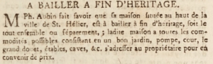 Philippe Aubin advertised the sale of his house in upper St Helier in Gazette de l'Ile de Jersey in February 1804