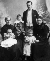Mary Amelia Joslin (left) (1833-1899) with her son Henry Kitts (1866-1944) , his wife Minnie Clarke (1864-1892), and their children Jessie, Olive and Henry George, photographed at St Helier in 1902