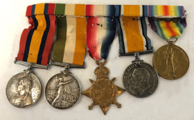 Queen`s South Africa Medal, King`s South Africa Medal, for service during the Boer War; 1914-1915 Star, British War Medal, Victory Medal, for the Great War