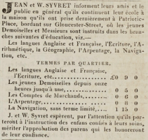 Jean and W Syvret advertised their school at Patriotic Place in the Chronique de Jersey in 1824