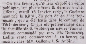 The 40-ton goelette (schooner) Kitty, master Philippe Dumaresq, built in the previous summer, was offered for sale in the Gazette de l'Ile de Jersey in 1787