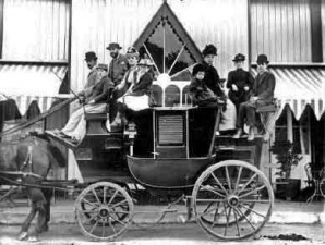 A coach outside Pooley's at Greve de Lecq in 1890