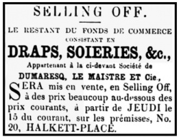 Sale of stock of Dumaresq and Le Maistre in 1866