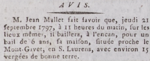 Jean Mallet offered his house and 15 vergees near Mont Gavet, St Lawrence on a six-year lease in Gazette de l'Ile de Jersey in 1798