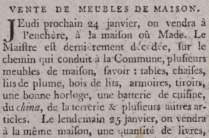 The furniture and household items belonging to the late Madame Le Maistre were advertised for sale in Gazette de l'Ile de Jersey in 1799