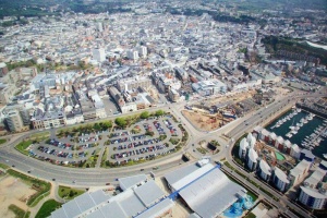 An aerial photograph of the Waterfront and town behind in the 2000s