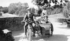 Siblings Cristabel and Vernon Hamel (1920-1983) in Walter Lamy's motorcycle sidecar in the 1930s, probably near Pont Marquet House, the Hamel home