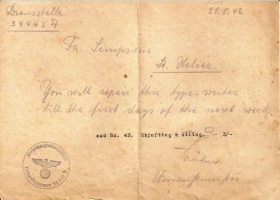 German instruction to Simpson's to repair a typewriter in 1942