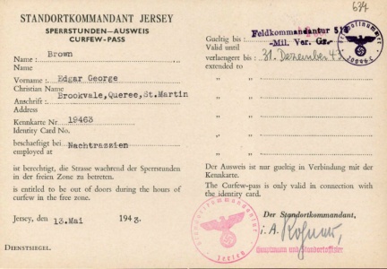 A curfew pass issued to Edgar Brown during the Occupation as a member of the Honorary Police [1]