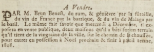 Brun Benest advertised rhum, gin and other wines and spirits in 1805