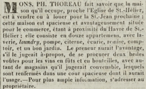 ... Philip Thoreau advertised his house (possibly the same as Jean's) near the Town Church for sale in the Chronique de Jersey in 1824