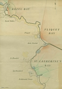 A hand-drawn map showing the location of defensive installations at the north-east of the island