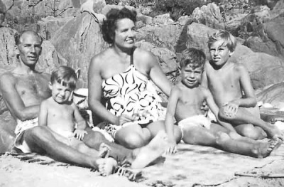 The Bisson family on the beach in the 1950s