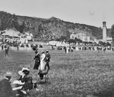 This undated image shows the Parish of St Helier incinerator chimney in the background. It may have been taken in 1902, the year of Edward VII's coronation