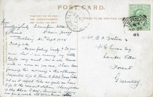 This postcard has us defeated. The occupants of Le Carrefour, Millais, were Thomas and Mary Le Cornu, who were both aged 62 in 1901, and had a son Thomas, 33. We have been unable to trace a relative called Ada, nor any marriage to a Breton or Le Breton