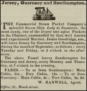 The sailing schedule of the steamer Lady de Saumarez was advertised in Chronique de Jersey in October 1840