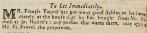 Francois Fauvel had many good stables to rent at his new house in 1808