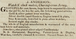 Watchmaker J Anderson of Charing Cross advertised in The Loyalist in 1825