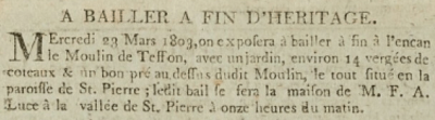Tesson Mill and 14 vergees were advertised for sale in ‘’Gazette de l’Ile de Jersey’’ in 1803