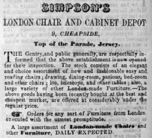Simpson's chair and cabinet depot announced its opening at 9 Cheapside in an 1840 advertisement
