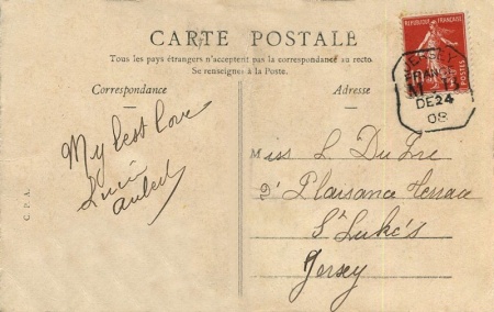 A card sent to Miss L Du Pre in 1908