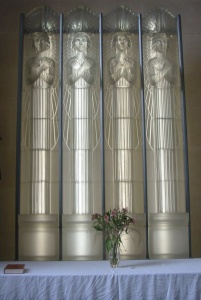 Close-up of the glass screen behind the altar