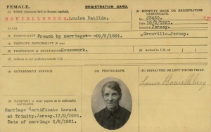 Louisa Houillebecq, nee Gouffini's Aliens Registration card. Although born in Jersey, she became French by marriage, and was required to register