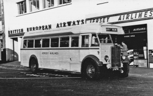 A Jersey Airlines airport coach outside the Weighbridge terminal in 1955