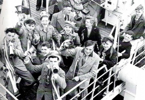 Jersey supporters leave for Guernsey in 1953