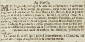 Clockmaker P Poignand advertised his new shop at Jean Burr’s St Helier house in Gazette de l'Ile de Jersey in 1805
