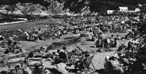 A crowded beach at Greve de Lecq in the 1970s