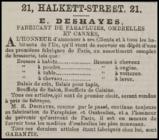 E Deshayes made umbrellas at 21 Halkett Street in 1874