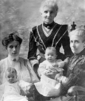 Adelina Rattray, nee Perchard with her daughter Adelina Jane Rattray, granddaughter Adeline Winifred Leal, nee Rattray, and twin great-granddaughters Bertha and Constance