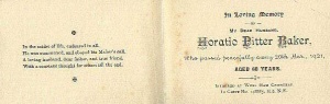 Funeral card for Horatio Pitter Baker