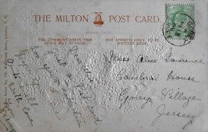 A postcard sent to Alice Lawrence at Cambrai House, Gorey Village, on 13 February 1908. The 1911 census shows this to have been a shop, run by Alice's widowed mother Margaret. Alice was born in 1892 and was a dressmaker, as was her sister Maud. Elder sister Julia helped their mother in the shop