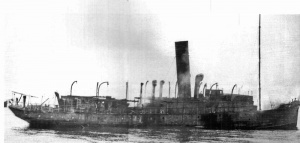 Smoke billows from the stricken ship