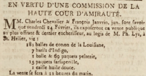 Charles Chevalier and Francois Janvrin offered 181 bales of Louisiana cotton and other prize goods for sale in February 1804