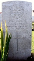 The grave of Great War casualty Charles George Fox at Cinq Rues British Cemetery, Hazebrouck