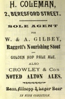 Coleman, sole agent for Raggett's Nourishing Stout