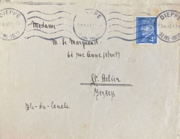 Letter sent to Mrs M Le Marquand of Ann Street from occupied France in 1943. Transcriptions of Occupation records are notoriously unreliable but we can find no record of a Mrs Le Marquand living in Ann Street during the war