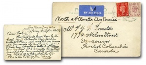 A postcard sent on the first Transatlantic air mail service in 1939