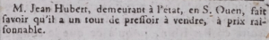 Jean Hubert advertised a cider press for sale in Gazette de l'Ile de Jersey in 1798