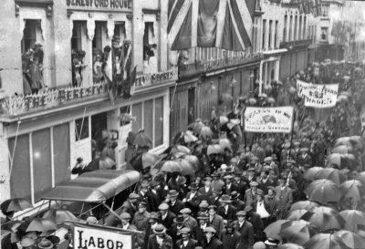 The parade held in July 1919 to celebrate signing the peace treaty officially ending the war: members of the Dockers and Workers Union march down Halkett Street.