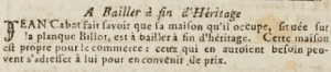 Jean Cabot offered a house for sale in Gazette de l'Ile de Jersey in 1808