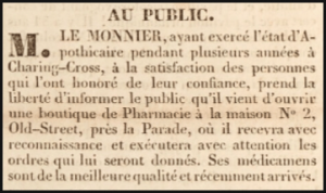 In this 1833 advert in L'Impartial M Le Monnier announced the opening of a pharmacy at his Old Street property